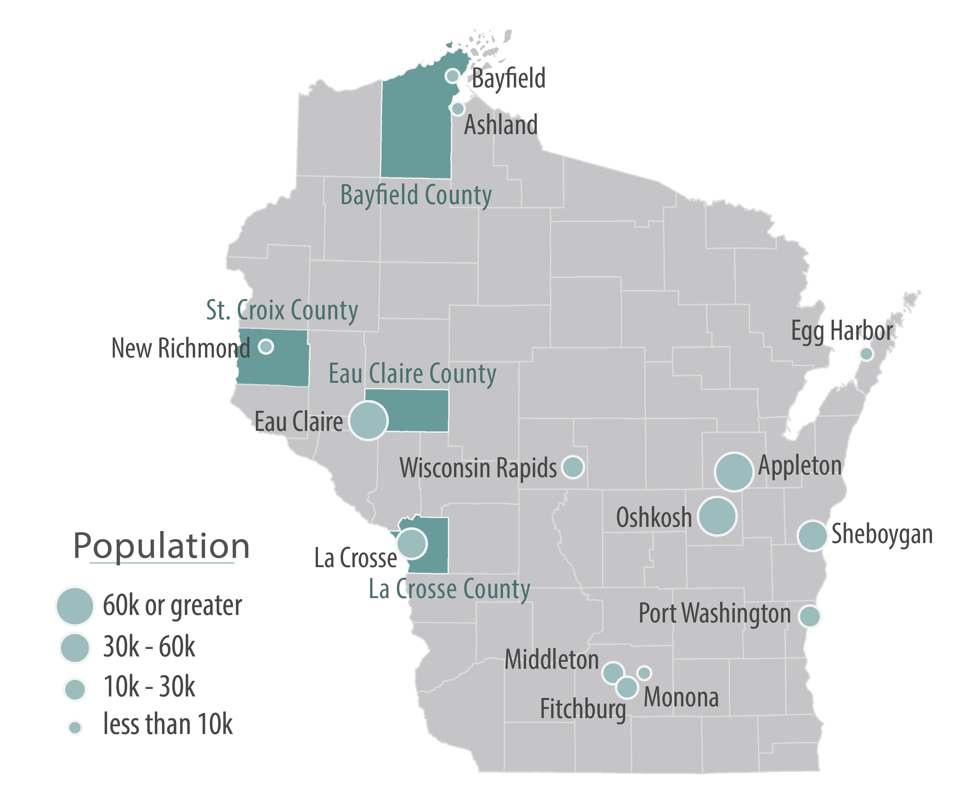 Cities and local counties involved in the Legacy Community Alliance for Health are highlighted on a map of Wisconsin
