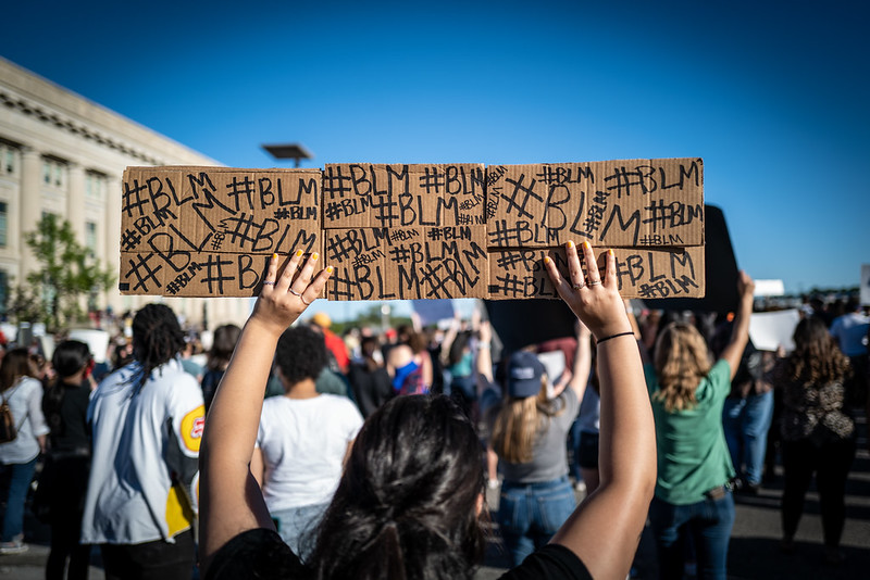 Person, facing away from the camera, holding up sign that says #BLM, behind a large crowd.