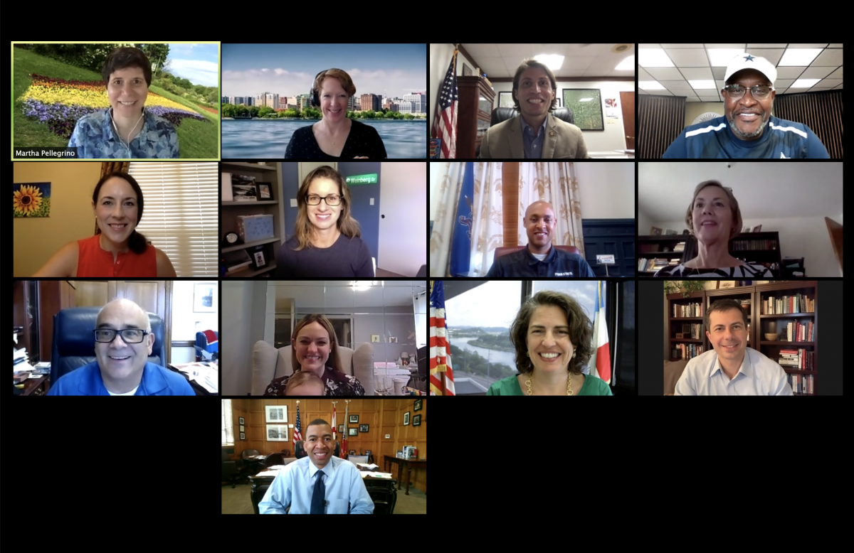 Zoom screenshot with New Mayors Cohort attendees, Mayors Innovation Project staff, and Pete Buttigieg