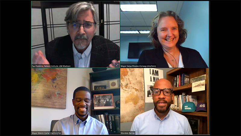 Mayors Satya Rhodes-Conway and Melvin Carter, Lieutenant Governor Mandela Barnes, and Dr. Paul Robbins during the online discussion about climate change