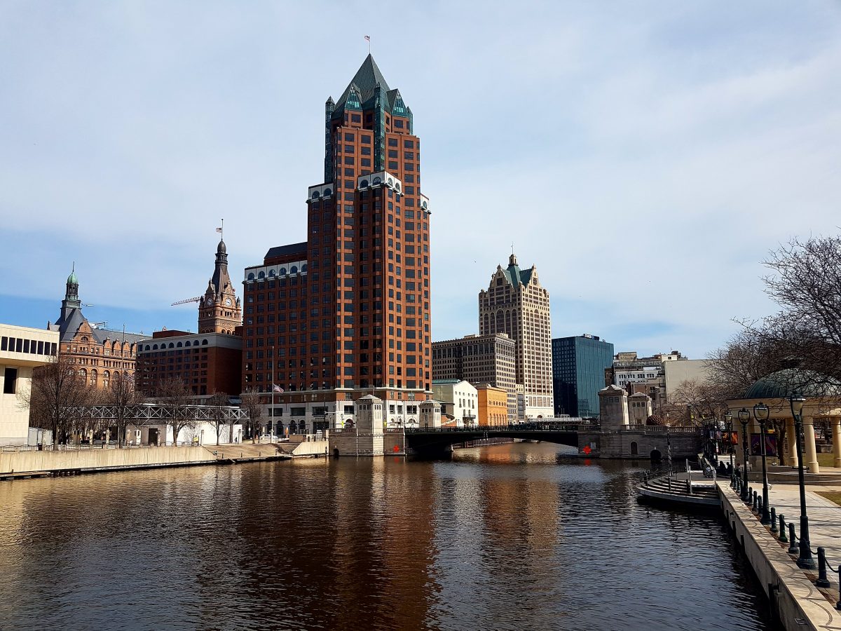 River with buildings in background in Milwaukee, WI