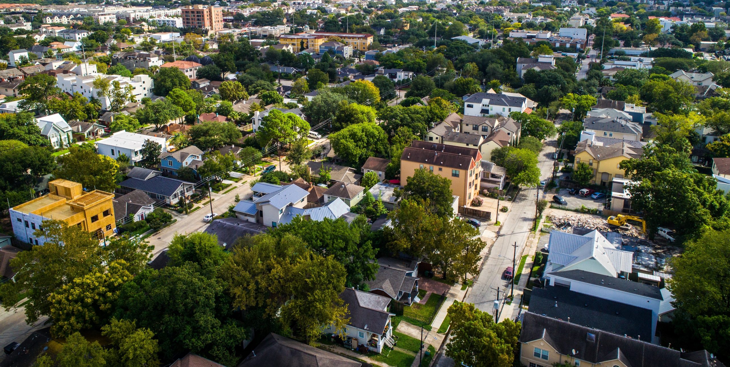 An aerial image of a neighborhood.