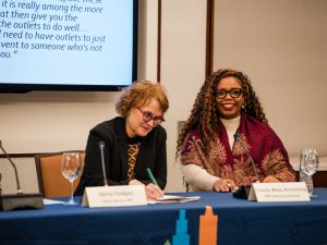 From left to right: Former Minneapolis, MN Mayor Betsy Hodges and Former Kankakee, IL Mayor Chasity Wells-Armstrong sit at a conference table.