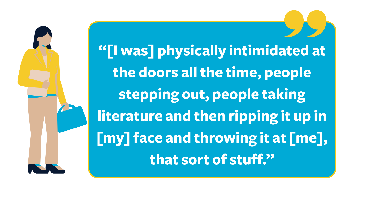 Graphic of a quote reading, "[I was] physically intimidated at the doors all the time, people stepping out, people taking literature and then ripping it up in [my] face and throwing it at [me], that sort of stuff,” next to a cartoon woman in a yellow blazer with a blue briefcase.