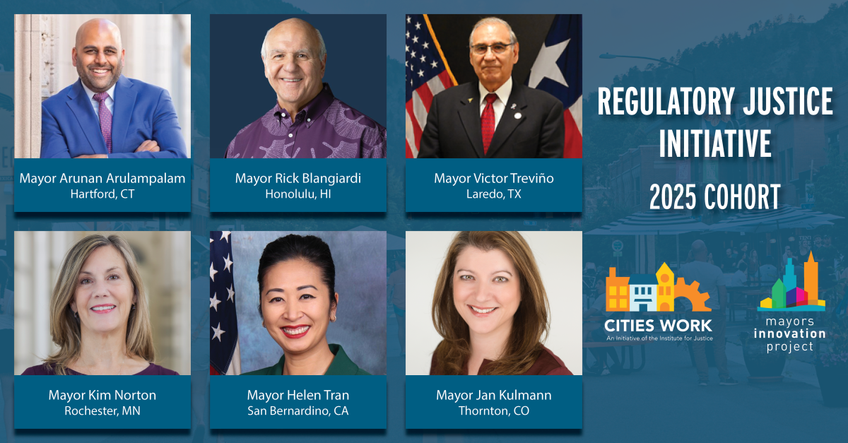 An image with the headshots of 6 mayors in the inagural cohort of the Regulatory Justice Imitative with a blue background.