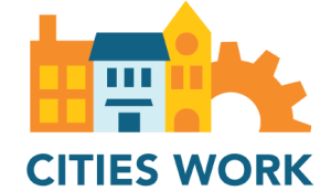 Cities work logo with buildings and a wheel in orange and blue font.