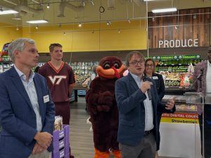 Blacksburg, VA Mayor Michael Sutphin speaks at a ribbon cutting for a newly renovated Kroger grocery store in 2025.
