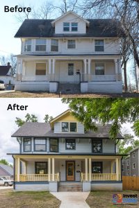 Before and after photos of a home that participated in Des Moines' Invest DSM program showing a two-story house renovated with new windows, doors, and paint. 