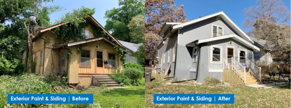 Two images of a house side by side. The left image shows a yellow single-family bungalow house covered in fallen trees and overgrown shrubs. The image on the right shows the same house but now with fallen debris removed, grey siding, new windows and doors, and new stairs leading to the front door with handrails. 
