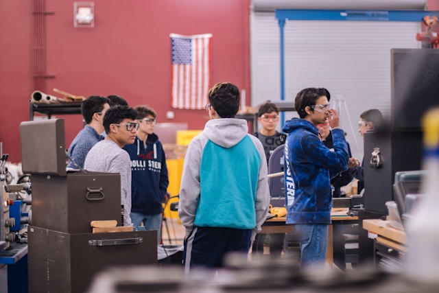 Group of boys in woodshop class.